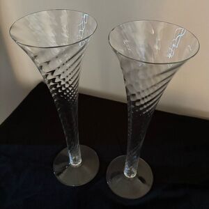 Vintage Hand Blown Optic Swirl Hollow Stem Champagne Flutes (set of two)